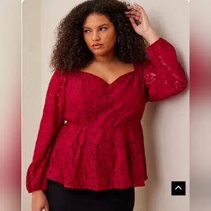 Torrid Peplum Lace Puff Sleeve Top Red Plus Size 2 2X 18 20, Keyhole Back Sexy